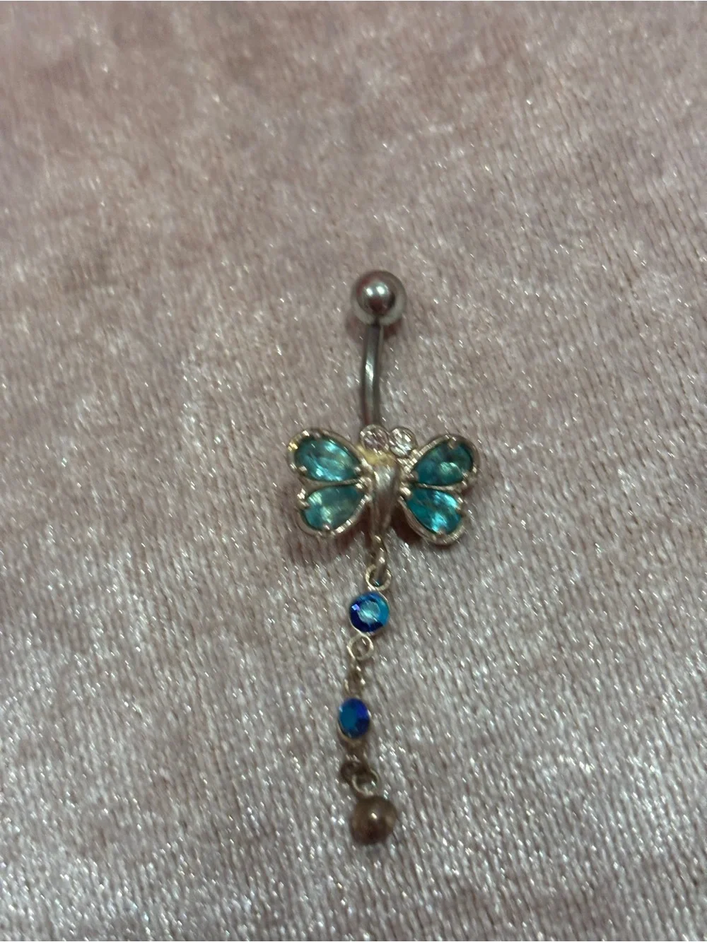 Butterfly Teal Crystal Dangle Belly Ring